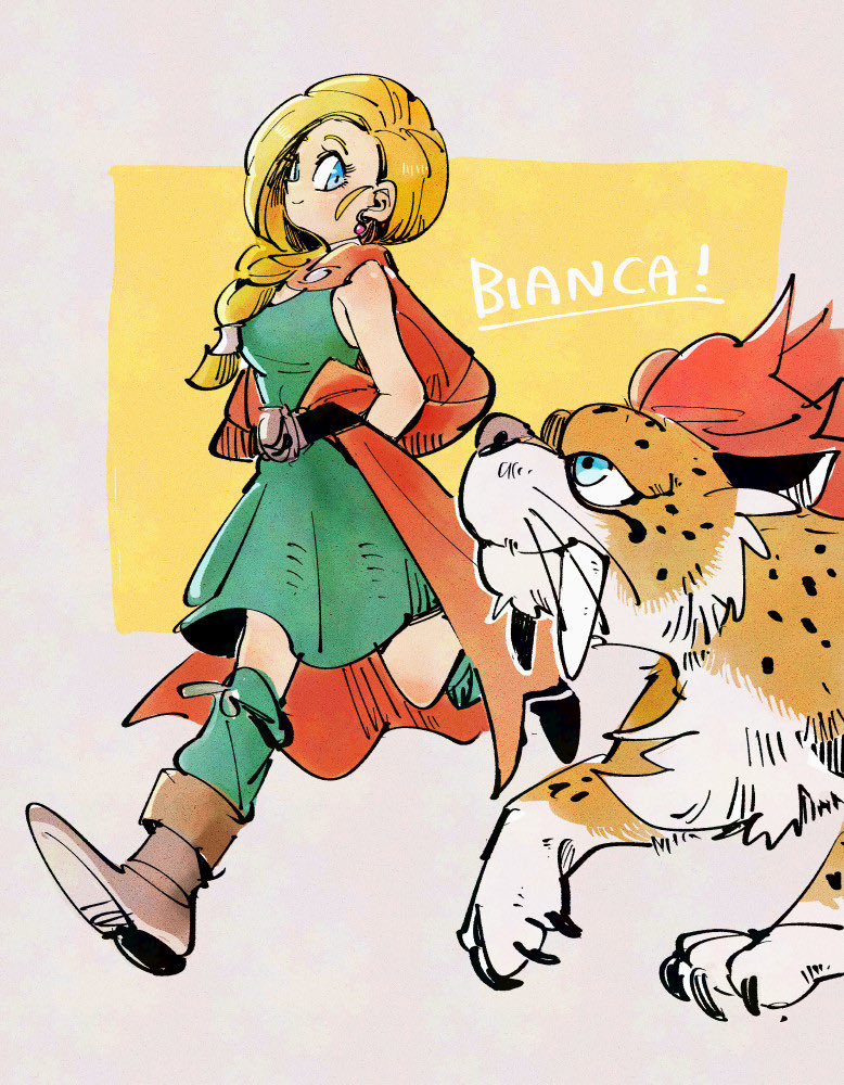 1girl, arms_behind_back, bare_shoulders, belt, bianca_(dq5), blonde_hair, blue_eyes, boots