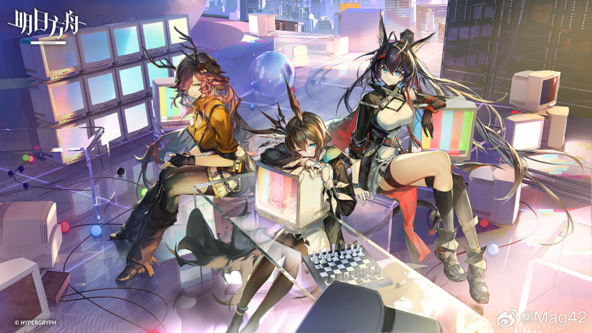 amiya_(arknights), amiya_(medic)_(arknights), animal_ears, arknights, black_gloves, black_hair, blaze_(arknights), blaze_the_igniting_spark_(arknights)