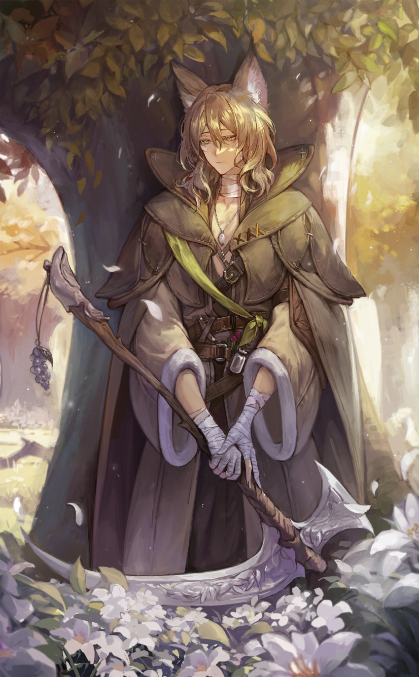 1boy, absurdres, animal_ears, bandaged_hand, bandaged_neck, bandages, belt, black_pants