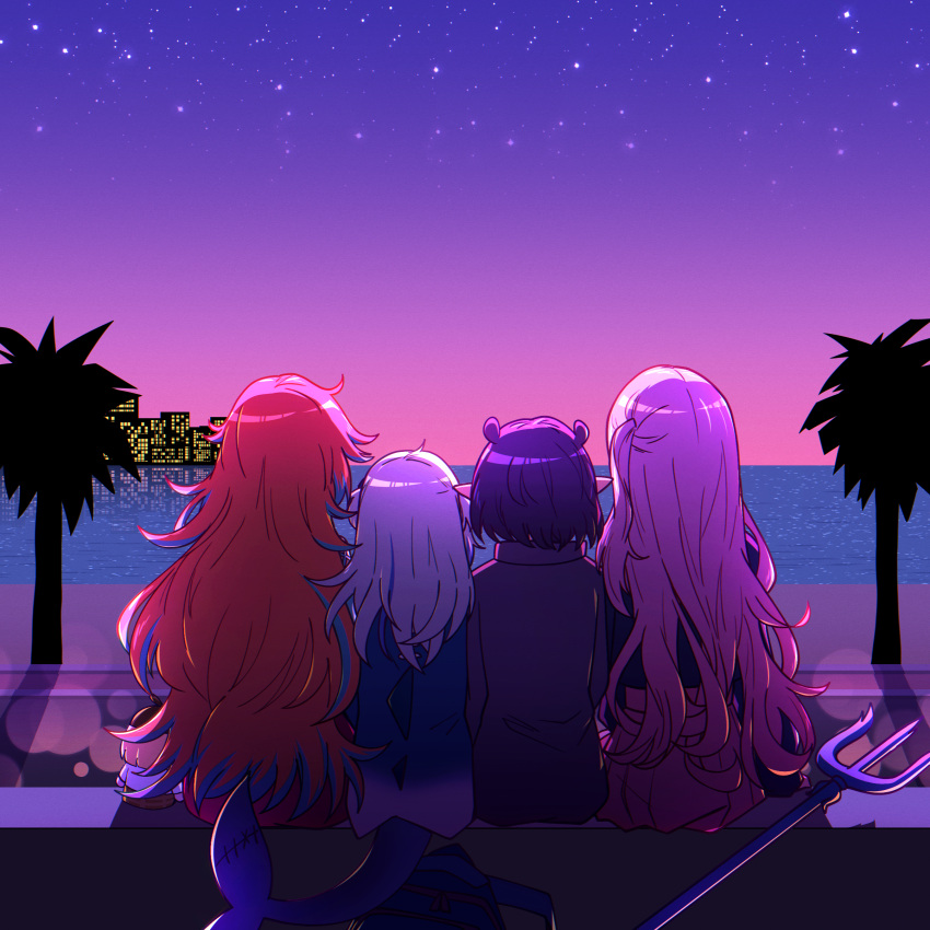 5girls, absurdres, blonde_hair, chibi, ddolbang, fins, fish_tail, from_behind, gawr_gura, gawr_gura_(1st_costume), highres, hololive, hololive_english, holomyth, long_hair, mori_calliope, mori_calliope_(kawaiiope), multiple_girls, ninomae_ina'nis, ninomae_ina'nis_(loungewear), official_alternate_costume, orange_hair, pink_hair, pointy_ears, polearm, purple_hair, shark_tail, short_hair, smol_ame, star_(sky), sunset, tail, takanashi_kiara, takanashi_kiara_(fever_night), trident, virtual_youtuber, watson_amelia, weapon
