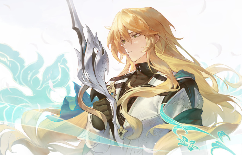 1boy, black_gloves, black_shirt, blonde_hair, closed_mouth, collared_shirt, commentary, falling_feathers