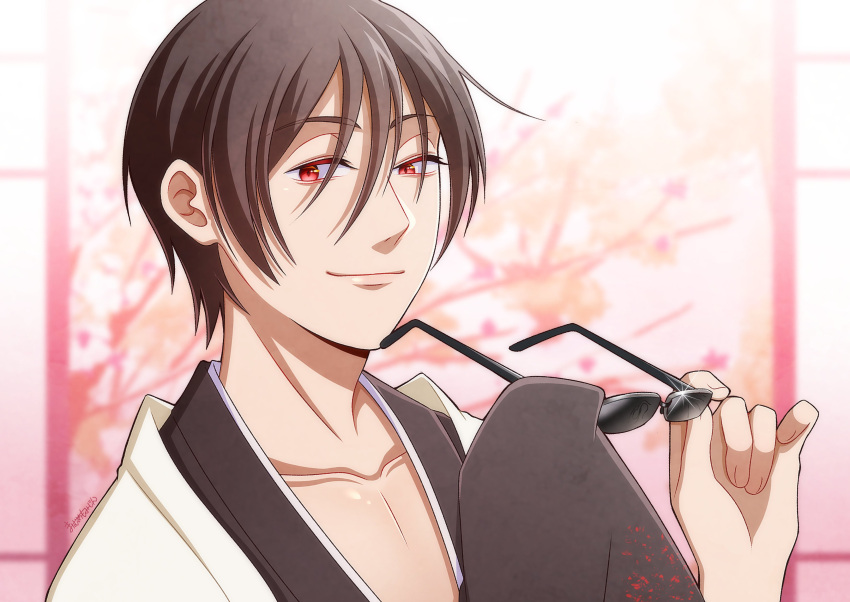 1boy, absurdres, bad_link, black_hair, cherry_blossoms, highres, holding, holding_removed_eyewear