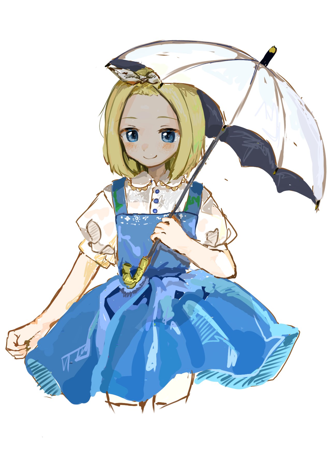 1girl, blonde_hair, blue_dress, blue_eyes, blush, classicaloid, closed_mouth, collared_shirt