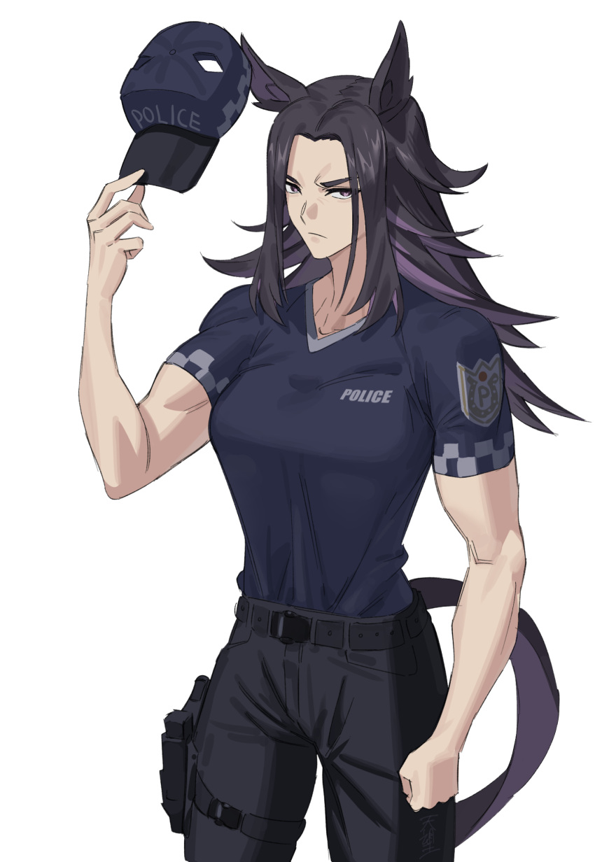 1girl, alternate_costume, animal_ears, black_hair, black_hat, black_pants, black_shirt, ears_through_headwear, fenomeno_(umamusume), flipped_hair, hat, highres, holding, holding_unworn_clothes, holding_unworn_hat, holster, horse_ears, horse_girl, long_hair, looking_at_viewer, matoi_sakuretsu, multicolored_hair, muscular, muscular_female, pants, purple_hair, shirt, signature, simple_background, solo, thigh_holster, two-tone_hair, umamusume, unworn_hat, unworn_headwear, violet_eyes, white_background