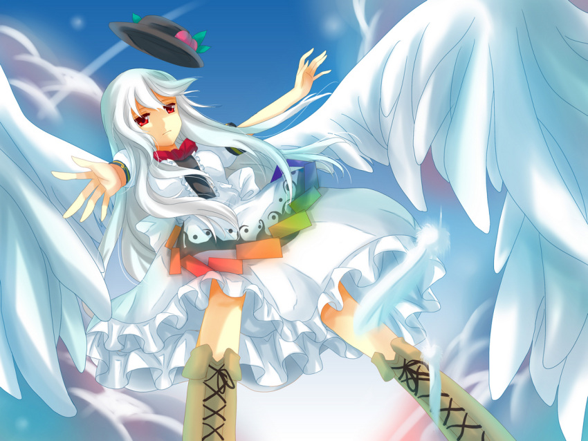 1girl, alternate_color, angel_wings, black_hat, blue_sky, bow, clouds, feathers
