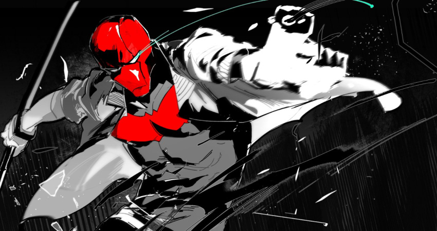 batman_(series), black_bodysuit, black_gloves, bodysuit, brown_jacket, dc_comics, gloves, grey_bodysuit, guoba7777, jacket, jason_todd, male_focus, mask, muscular, muscular_male, open_clothes, pants, red_hood_(dc), red_hood_and_the_outlaws, red_mask, superhero_costume, taut_bodysuit, two-tone_bodysuit