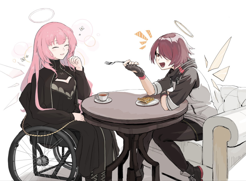 2girls, apple_pie, arknights, black_dress, black_pantyhose, black_shorts, cup, detached_wings