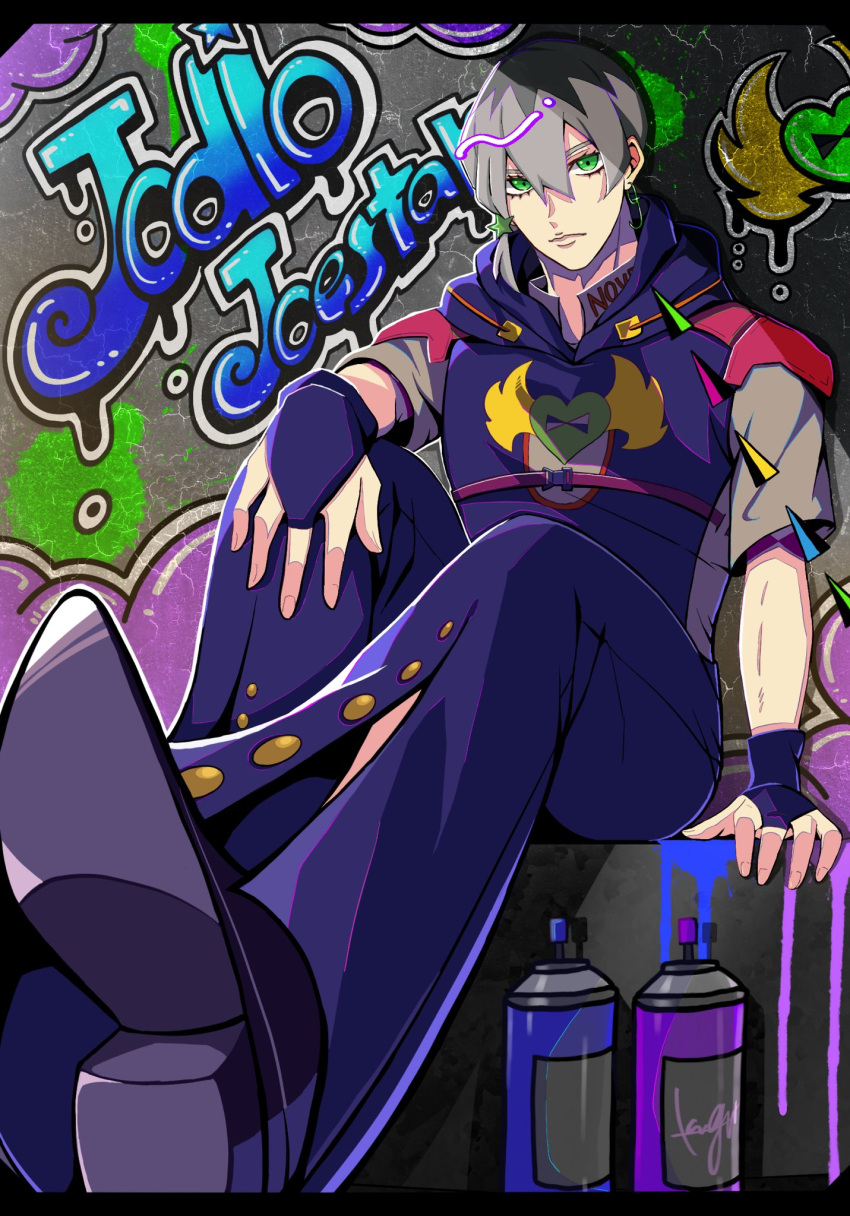 1boy, bell-bottoms, black_shoes, blue_bridal_gauntlets, blue_hoodie, blue_pants, braid, character_name