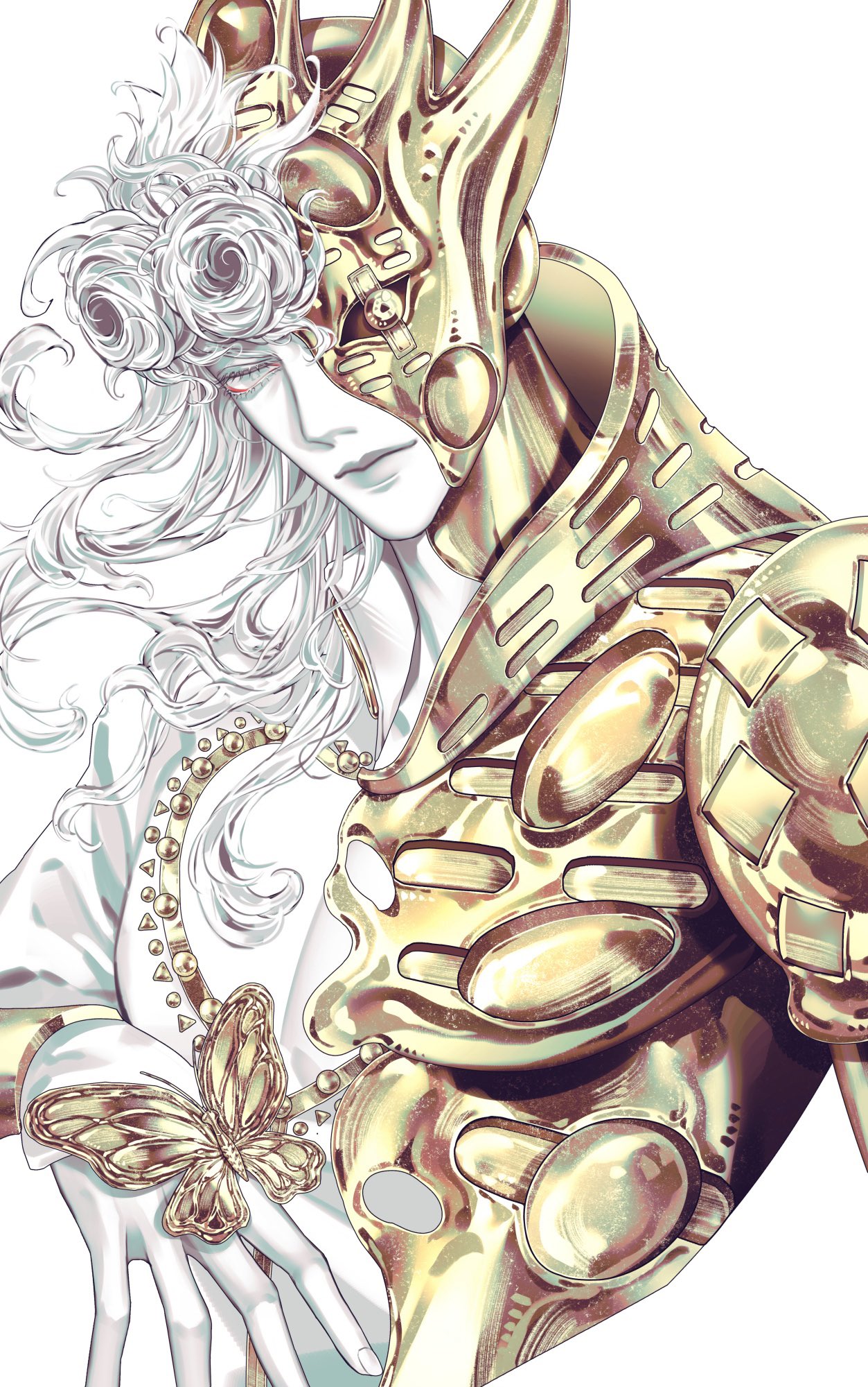 1boy, 1other, armor, bug, butterfly, butterfly_on_hand, clothing_cutout, conjoined