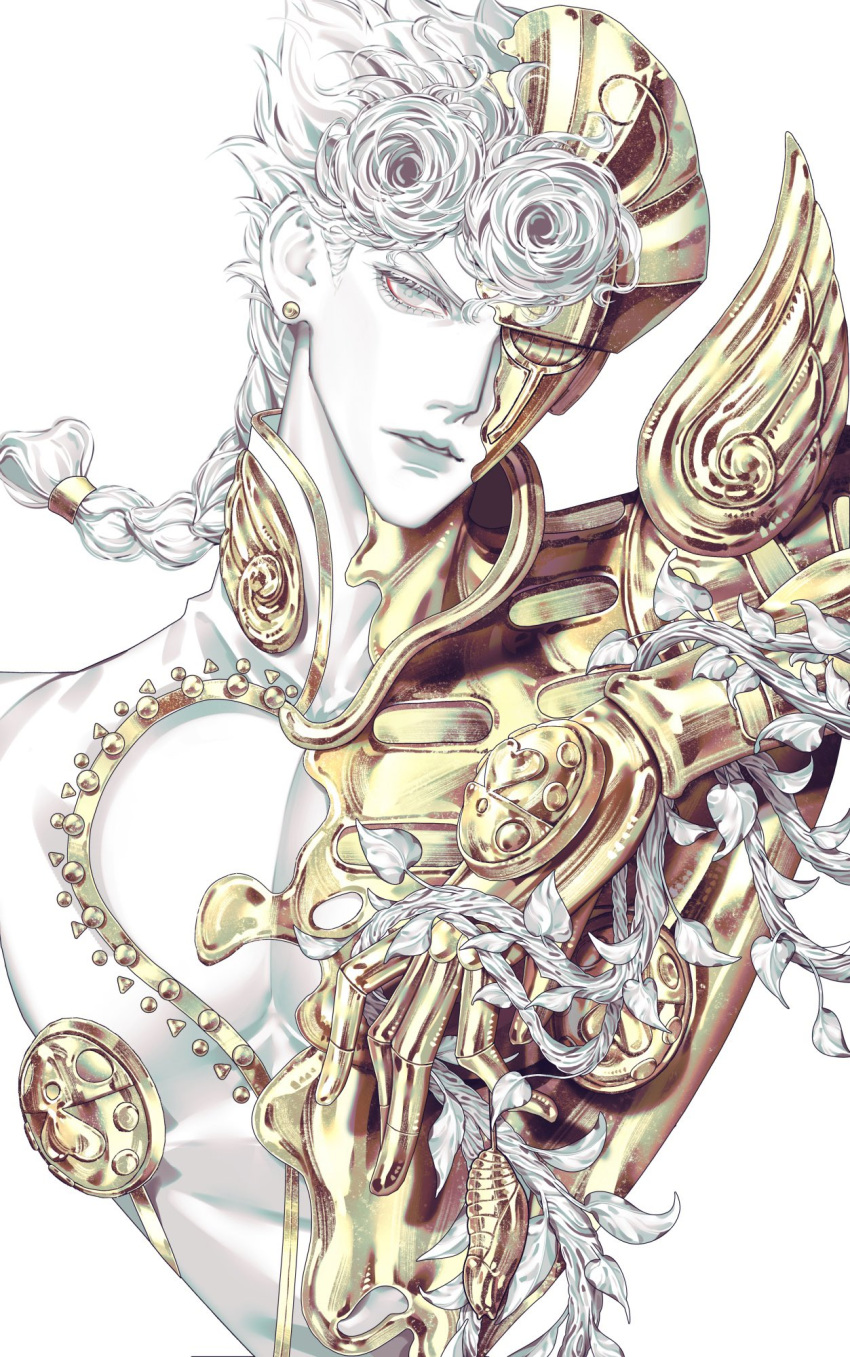 1boy, 1other, braid, braided_ponytail, clothing_cutout, compound_eyes, conjoined, earrings