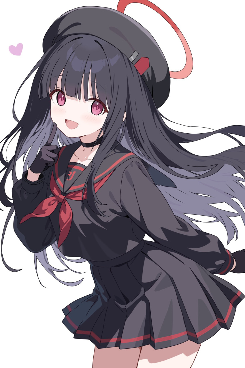 1girl, beret, black_gloves, black_hair, black_skirt, blue_archive, bow, choker