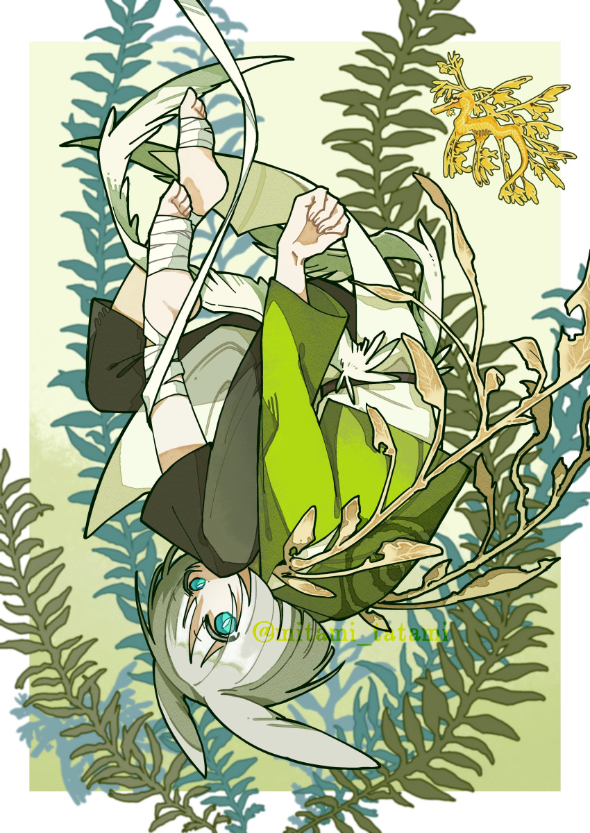 1other, absurdres, aqua_eyes, bandages, bob_cut, commentary, creature_and_personification, green_shirt