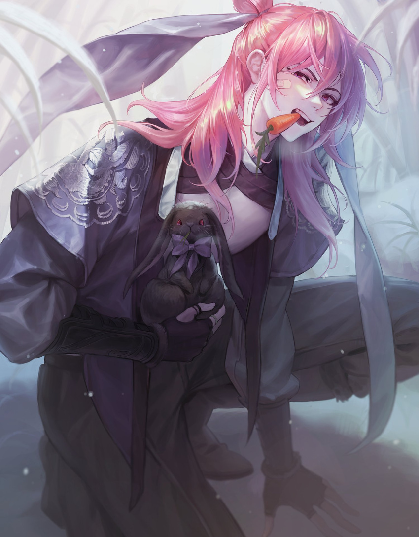 1boy, bandaid, bandaid_on_cheek, bandaid_on_face, black_cape, black_gloves, black_pants, black_rabbit_(animal)