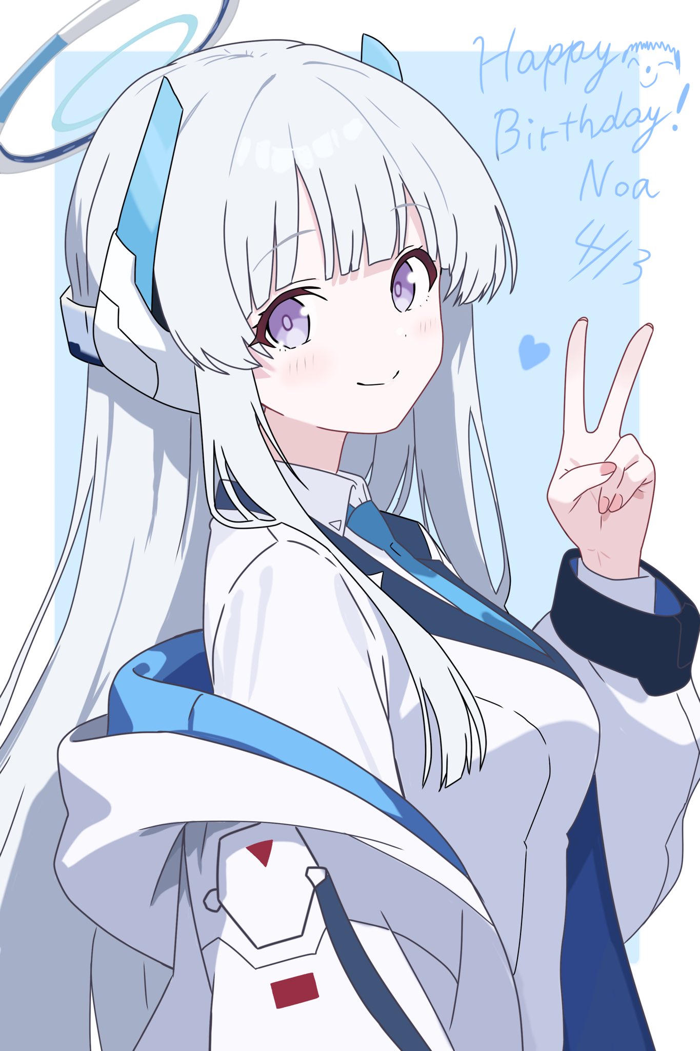 blue_archive, blue_necktie, commentary_request, dated, doodle_sensei_(blue_archive), halo, happy_birthday, headgear, highres, hood, hoodie, necktie, noa_(blue_archive), nqku, school_uniform, sensei_(blue_archive), smile, v, violet_eyes, white_hair