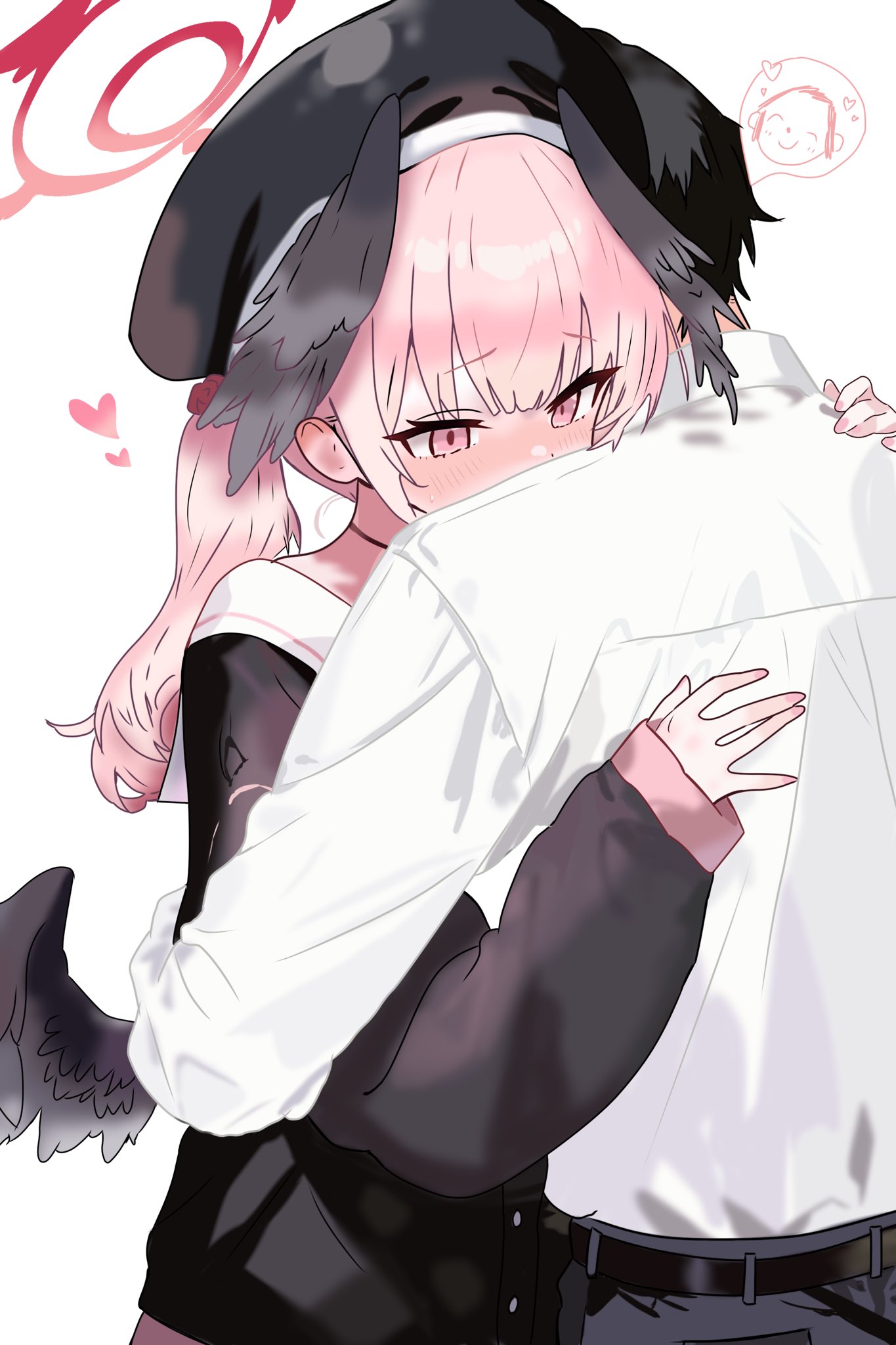 1boy, 1girl, belt, beret, black_wings, blue_archive, blush, doodle_sensei_(blue_archive)