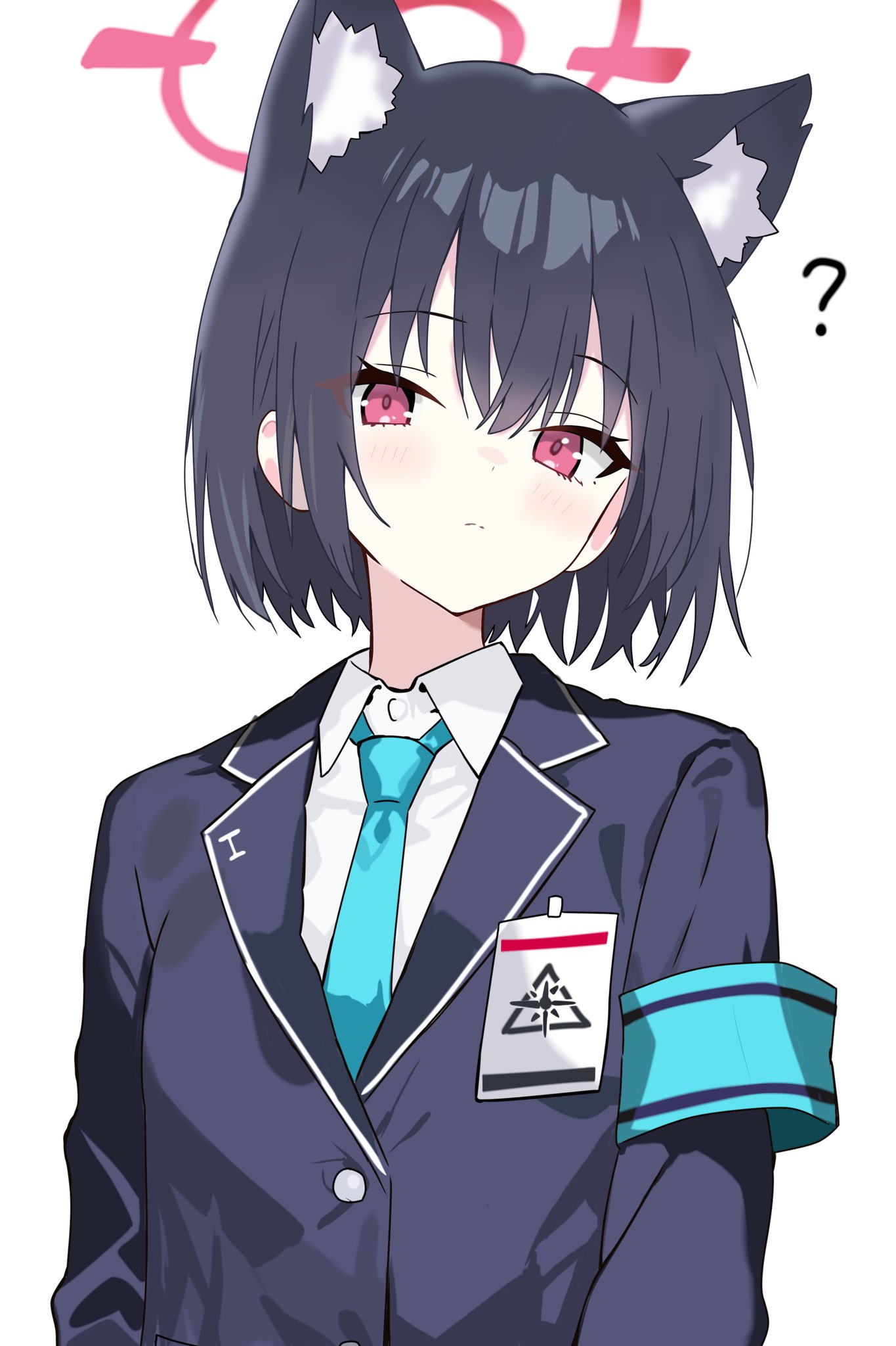 1girl, ?, abydos_high_school_logo, alternate_hair_length, alternate_hairstyle, animal_ears, aqua_necktie, armband