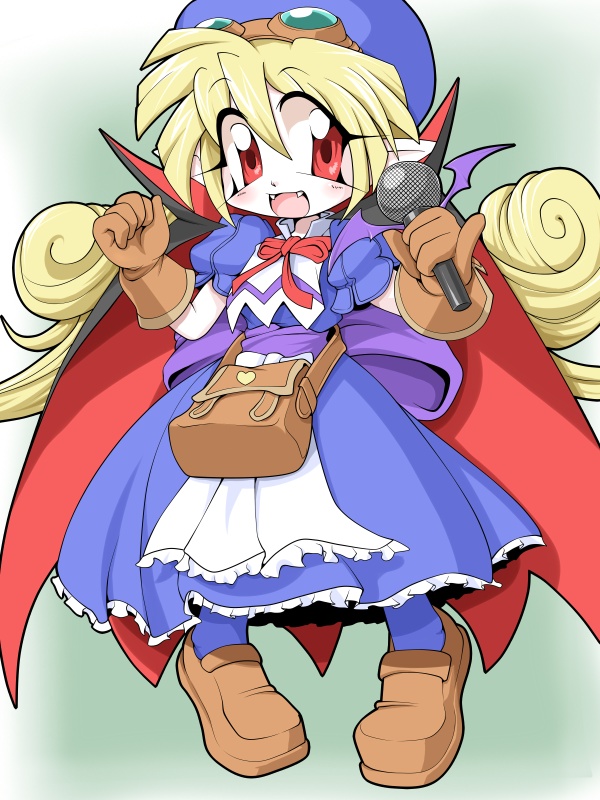 :d, :p, apron, bag, blonde_hair, blue_dress, bow, cape