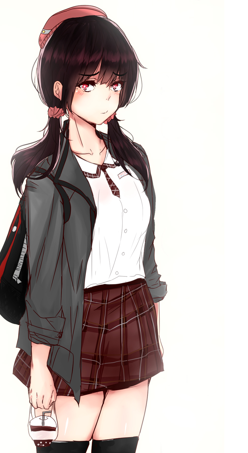 black_hair, black_thighhighs, blazer, breasts, hat, highres, jacket, medium_breasts
