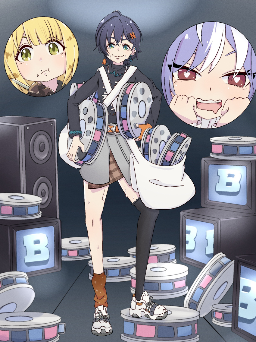 3girls, absurdres, belle_(zenless_zone_zero), black_hair, black_shirt, black_thighhighs, blonde_hair, closed_mouth