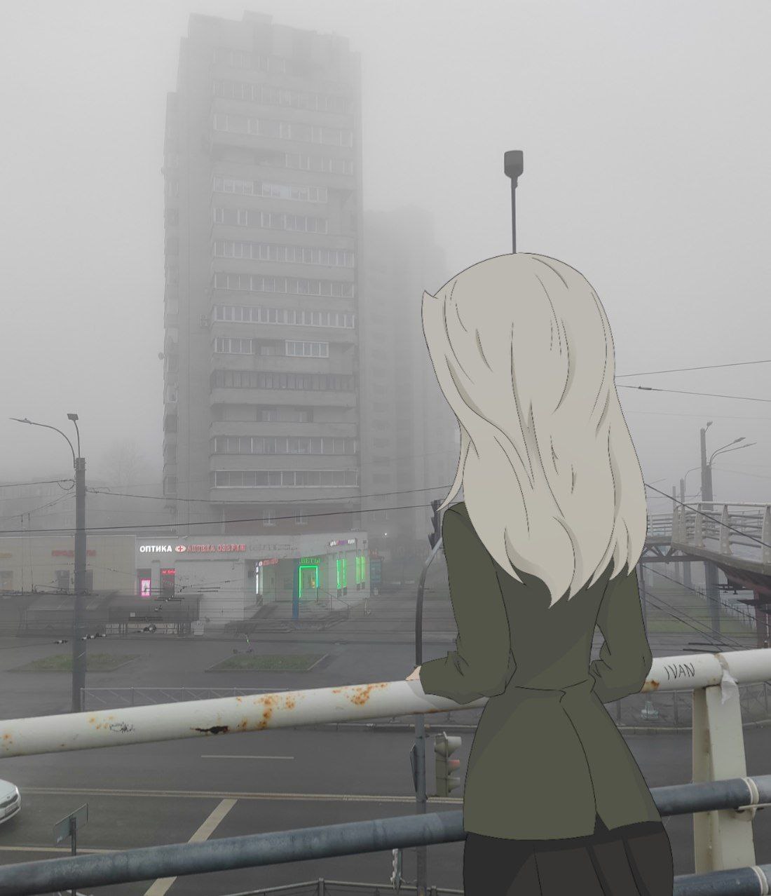 1girl, artist_name, city, clara_(girls_und_panzer), fog, green_skirt, highres, non-web_source, parody, pravda_school_uniform, russia, school_uniform, skirt, white_hair