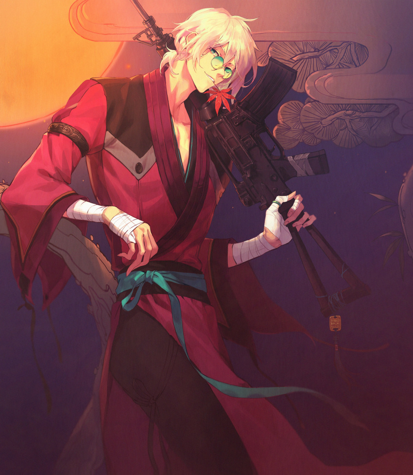 1boy, absurdres, aqua_ribbon, armlet, bandaged_arm, bandaged_hand, bandages, black_pants