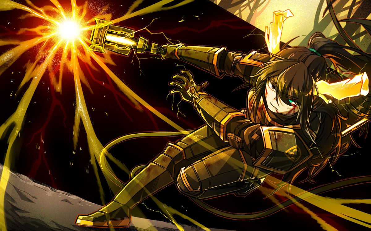 1boy, aqua_eyes, armor, black_armor, black_boots, black_eyes, black_gloves, black_hair