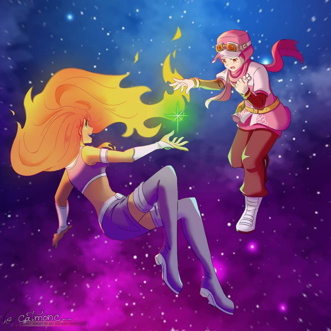 2girls, alleycat_nd, boboiboy, boboiboy_galaxy, boots, brown_pants, commentary, crop_top, crossover, dc_comics, english_commentary, green_eyes, hat, hijab, instagram_username, miniskirt, multiple_girls, orange_hair, orange_shirt, pants, pink_eyes, pink_hat, pink_hijab, purple_boots, purple_skirt, shirt, skirt, space, starfire, teen_titans, teen_titans_(tv_series), thigh_boots, white_boots, yaya_yah
