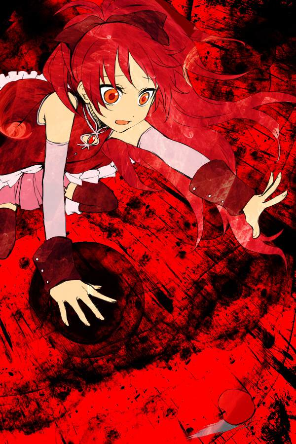 apple, detached_sleeves, food, fruit, kca, long_hair, mahou_shoujo_madoka_magica, outstretched_arm