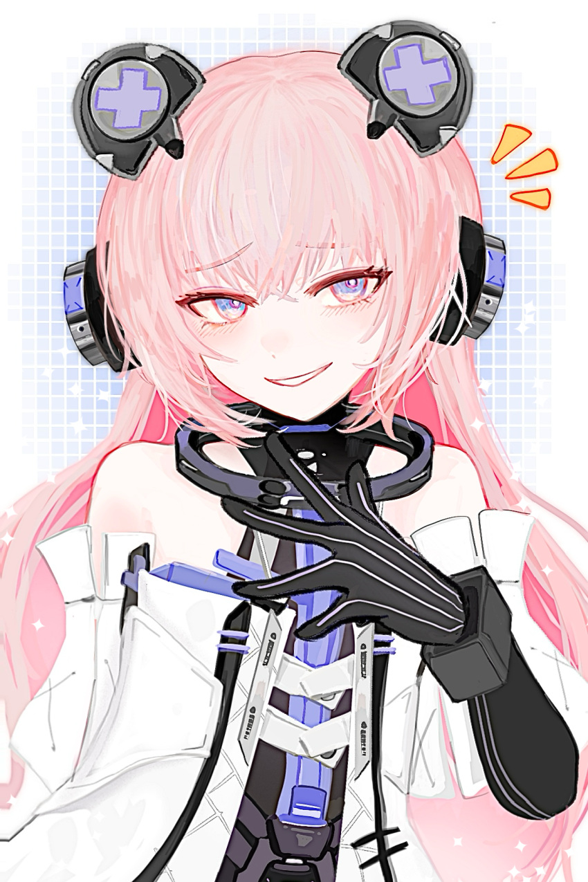 1girl, animal_ears, bare_shoulders, bear_ears, blue_eyes, coat, detached_sleeves, fake_animal_ears, headgear, headphones, highres, looking_at_viewer, mechanical_arms, mf_(7554), multicolored_eyes, pink_eyes, pink_hair, punishing:_gray_raven, short_sleeves, sidelocks, smug, solo, teddy:_decryptor_(pgr), teddy_(pgr), two-tone_eyes, white_coat