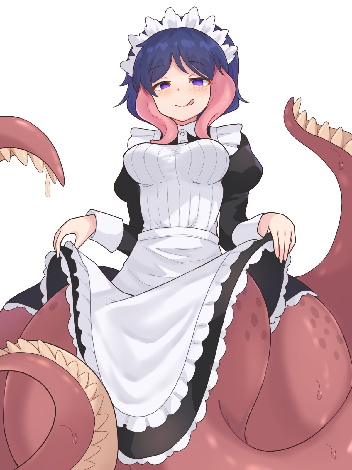 1girl, apron, blush, breasts, commentary_request, highres, itakama, licking_lips