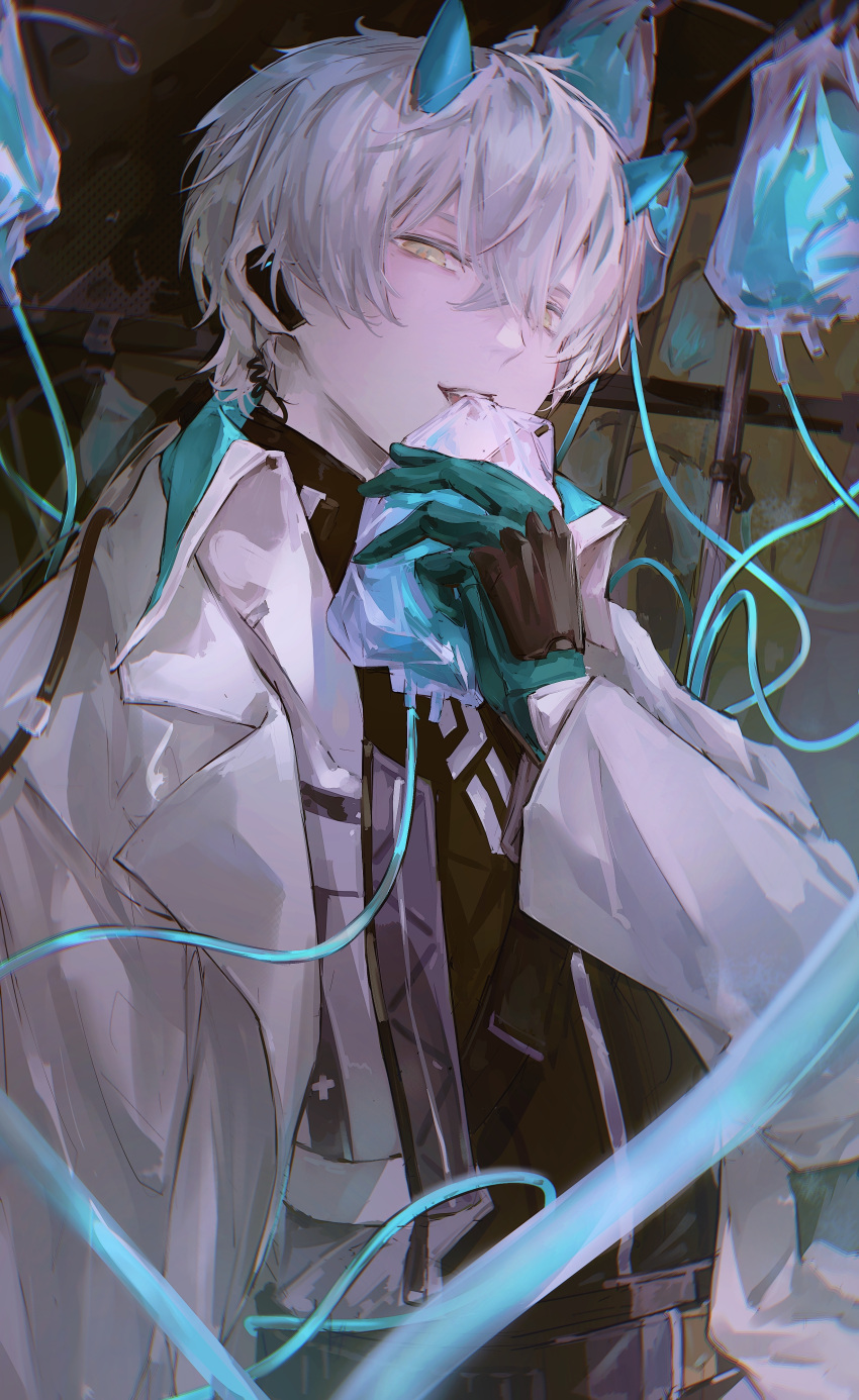 1boy, absurdres, bag, black_shirt, blood, blood_bag, blue_horns, chinese_commentary