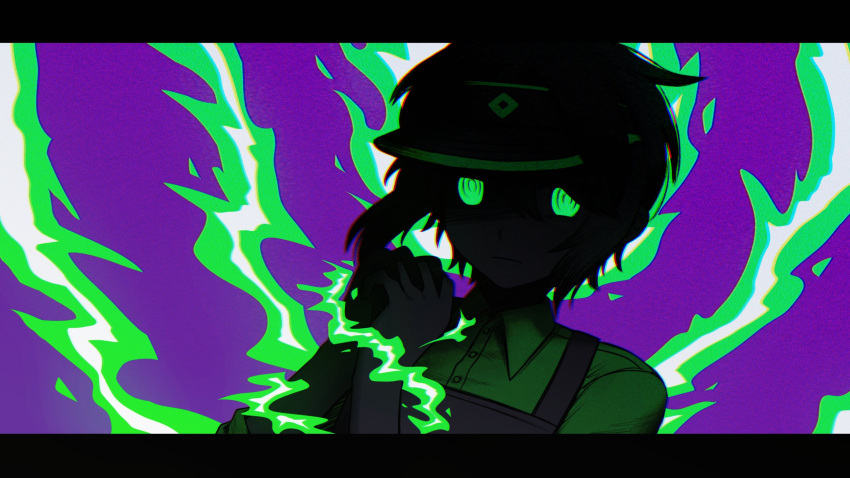 1boy, appleheart04, apron, black_apron, black_visor, buttons, cashier_(gasa4), closed_mouth