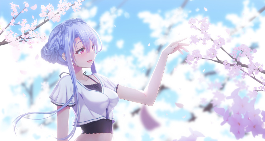 1girl, :d, absurdres, backlighting, blue_hair, blue_sky, blurry, blurry_background