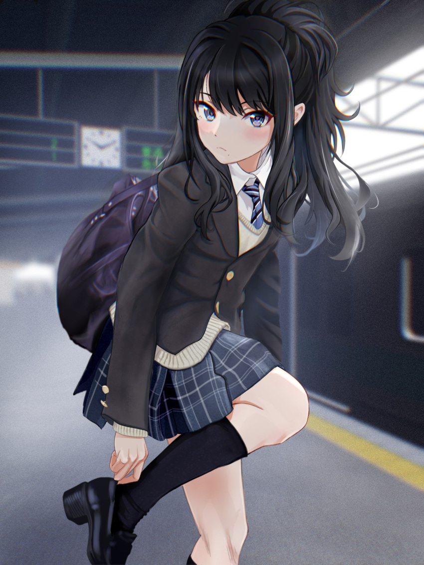 1girl, absurdres, adjusting_clothes, adjusting_shoe, bag, black_hair, black_jacket, black_shoes, black_skirt, blue_necktie, blush, clock, commentary, diagonal-striped_clothes, diagonal-striped_necktie, film_grain, grey_sweater, half_updo, highres, idolmaster, idolmaster_shiny_colors, jacket, kazano_hiori, loafers, long_hair, long_sleeves, looking_at_viewer, mole, mole_under_mouth, necktie, plaid_clothes, plaid_skirt, school_bag, school_uniform, seibunchou_(kxvs8474), shoes, skirt, solo, standing, standing_on_one_leg, striped_clothes, sweater, train_station_platform