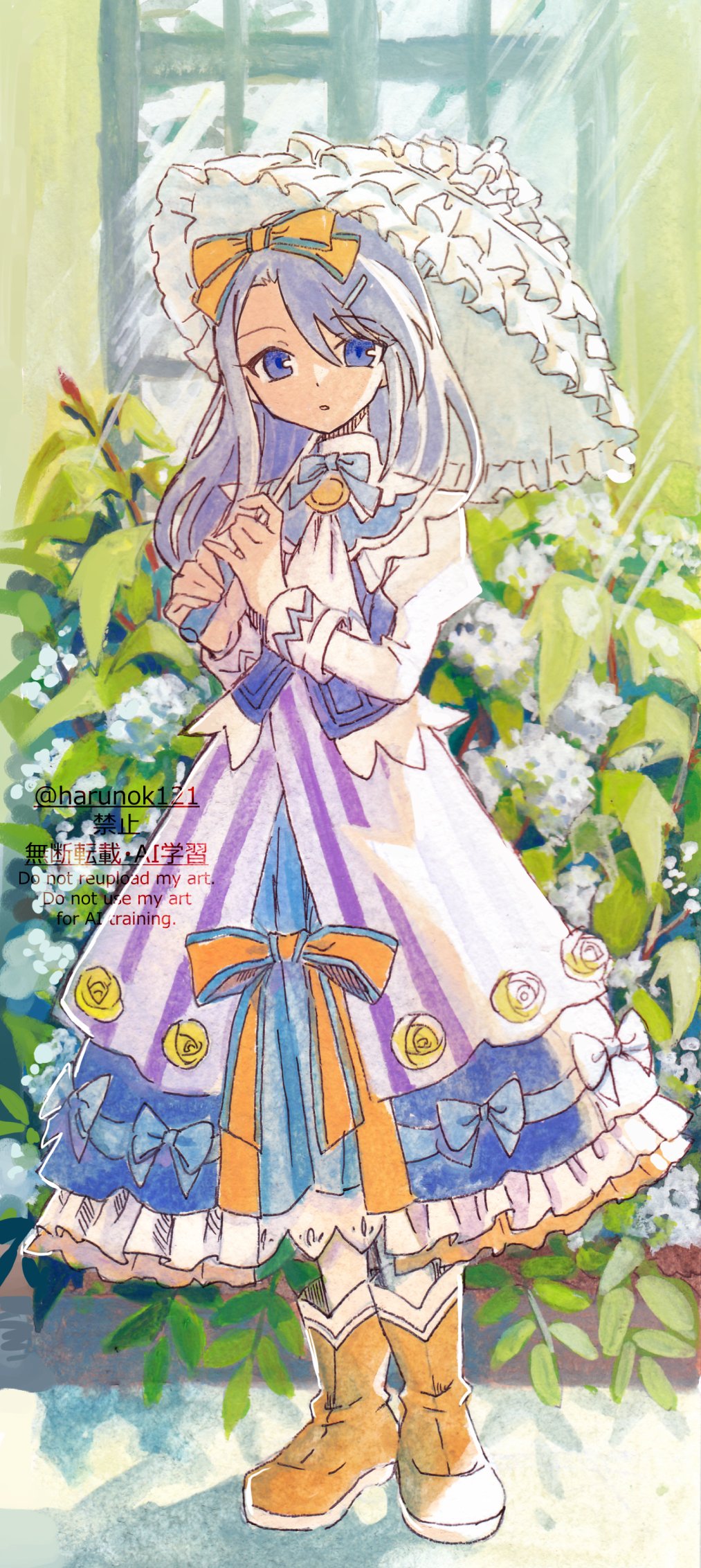 1girl, ankle_boots, blue_dress, boots, bow, dress, frilled_dress, frilled_umbrella