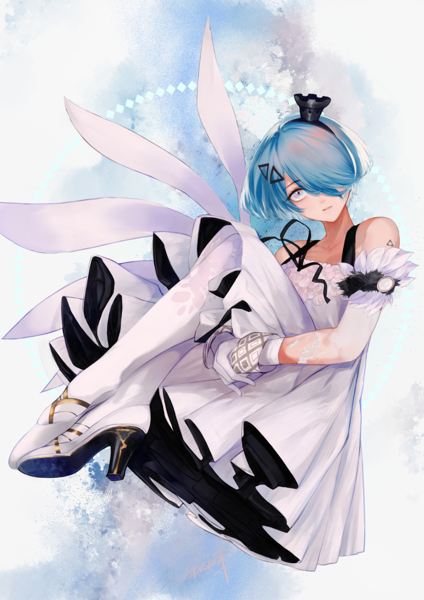1girl, artist_name, blue_eyes, blue_hair, commentary, crown, dress, full_body