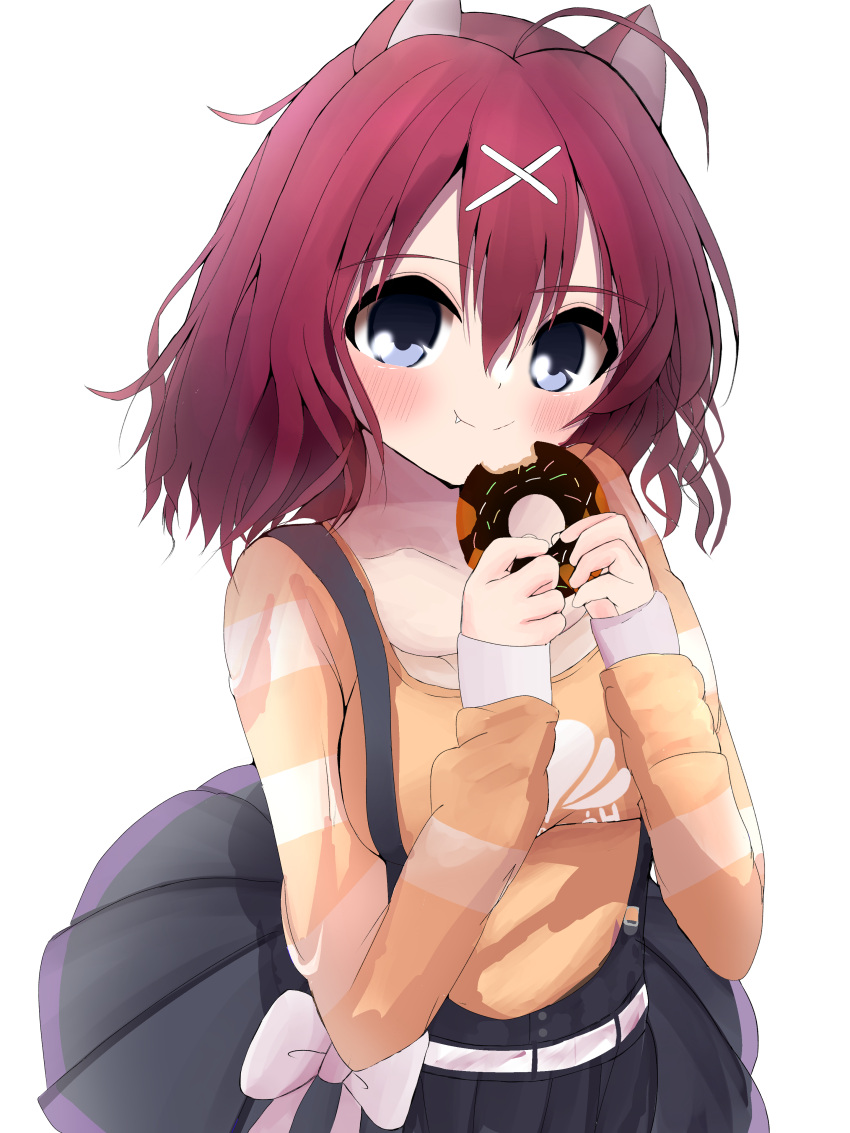 1girl, absurdres, ahoge, alternate_costume, amairo_islenauts, animal_ears, blue_eyes, blush, bow, bow_skirt, breasts, casual, chocolate_donut, closed_mouth, commentary, cowboy_shot, doughnut, fang, food, hair_between_eyes, hair_ornament, hands_up, happy, highres, holding, holding_donut, holding_food, large_breasts, looking_at_viewer, masaki_gaillard, medium_hair, non_billiar, orange_shirt, pleated_skirt, red_hair, shirt, simple_background, skirt, sleeves_past_wrists, smile, solo, split_mouth, suspender_skirt, suspenders, tareme, white_background, white_bow, wolf_ears, wolf_girl, x_hair_ornament