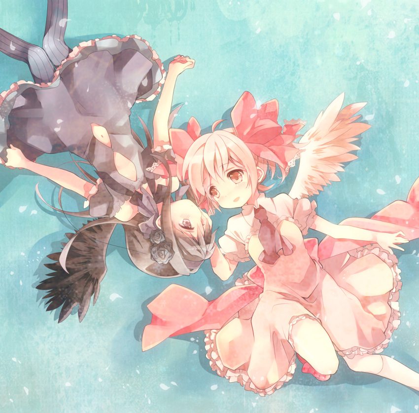akemi_homura, alternate_costume, angel_wings, ascot, bad_id, bare_shoulders, black_hair, black_wings