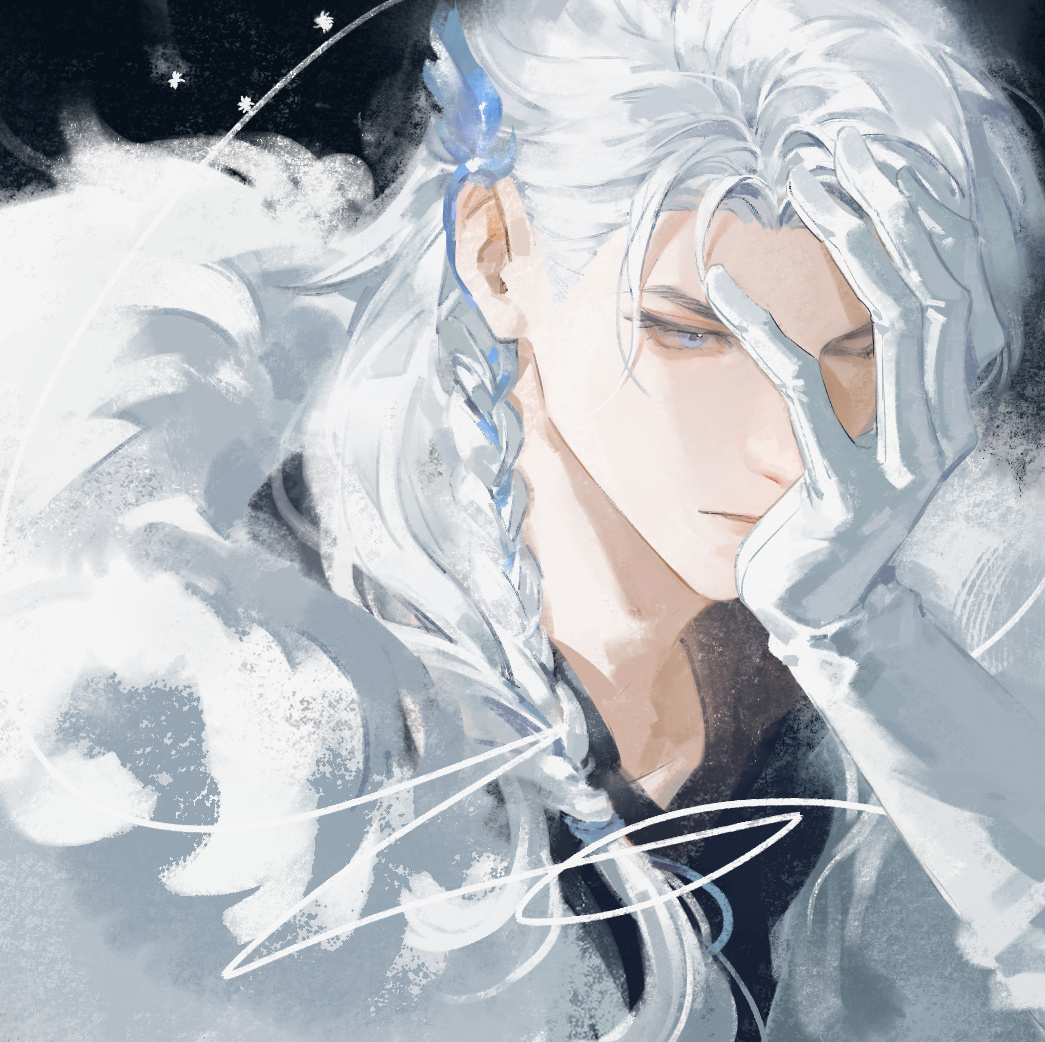 1boy, black_background, black_shirt, blue_eyes, braid, character_request, fur_trim, gloves, hair_ornament, hair_over_shoulder, hand_on_own_face, loladestiny, long_hair, looking_down, male_focus, one_eye_closed, parted_bangs, parted_lips, portrait, shirt, side_braid, single_braid, solo, where_winds_meet, white_gloves, white_hair
