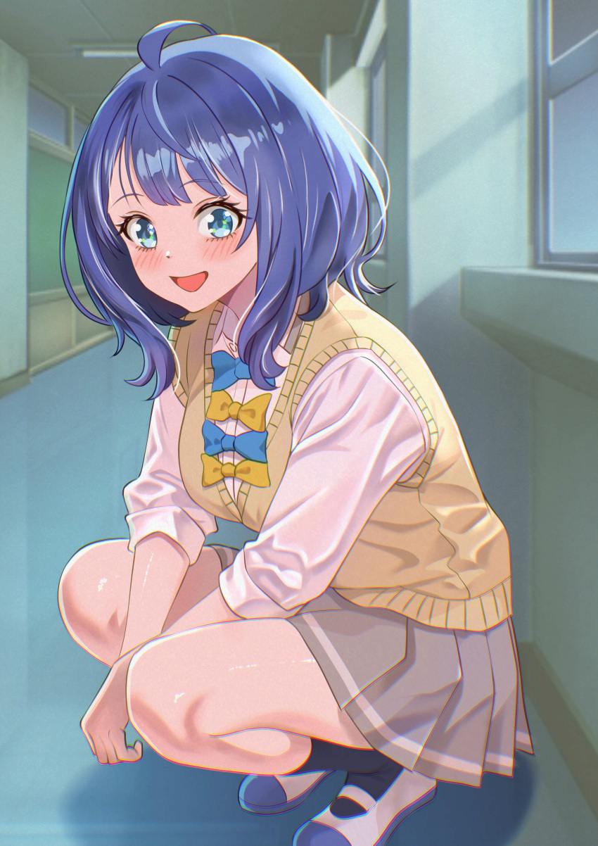 1girl, absurdres, ahoge, black_socks, blue_bow, blue_bowtie, blue_eyes, blue_hair