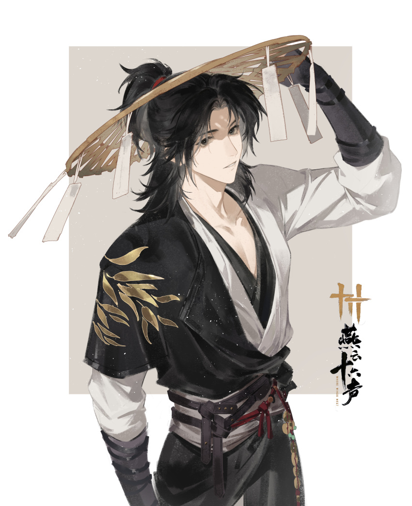 1boy, absurdres, arm_up, belt, black_belt, black_eyes, black_gloves, black_hair, black_robe, black_shirt, black_sleeves, character_request, chinese_clothes, collarbone, cowboy_shot, curtained_hair, gloves, grey_background, hair_tie, hand_on_headwear, hat, high_ponytail, highres, layered_sleeves, loladestiny, long_sleeves, looking_at_viewer, male_focus, medium_hair, multiple_belts, parted_bangs, parted_lips, pectorals, ponytail, robe, shirt, short_sleeves, solo, three_quarter_view, watermark, where_winds_meet, white_background, white_shirt, white_sleeves