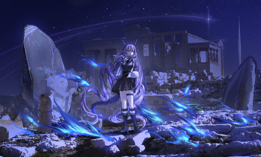 1girl, absurdly_long_hair, absurdres, arknights, black_boots, black_dress, boots, building