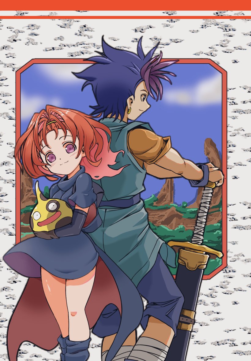 1boy, 1girl, back-to-back, barbara_(dq6), belt, black_gloves, black_sleeves, blue_cape, blue_dress, blue_eyes, blue_hair, border, botsu_(dq), breasts, cape, capri_pants, clouds, commentary_request, creature, detached_sleeves, dragon_quest, dragon_quest_maboroshi_no_daichi, dragon_quest_vi, dress, earrings, gloves, gold_earrings, green_tunic, hands_on_hilt, head_tilt, high_ponytail, holding, holding_creature, hoop_earrings, inset_border, jewelry, kobawan_dam, long_hair, mottle_slime, multicolored_hair, orange_hair, outdoors, outside_border, pants, pink_eyes, ponytail, purple_hair, red_cape, sheath, sheathed, shirt, short_dress, short_hair, short_sleeves, sky, small_breasts, smile, standing, sword, tunic, two-tone_cape, two-tone_hair, weapon, yellow_shirt