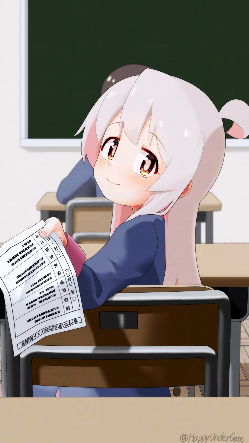 1girl, academic_test, ahoge, artist_name, brown_eyes, chair, chalkboard, classroom