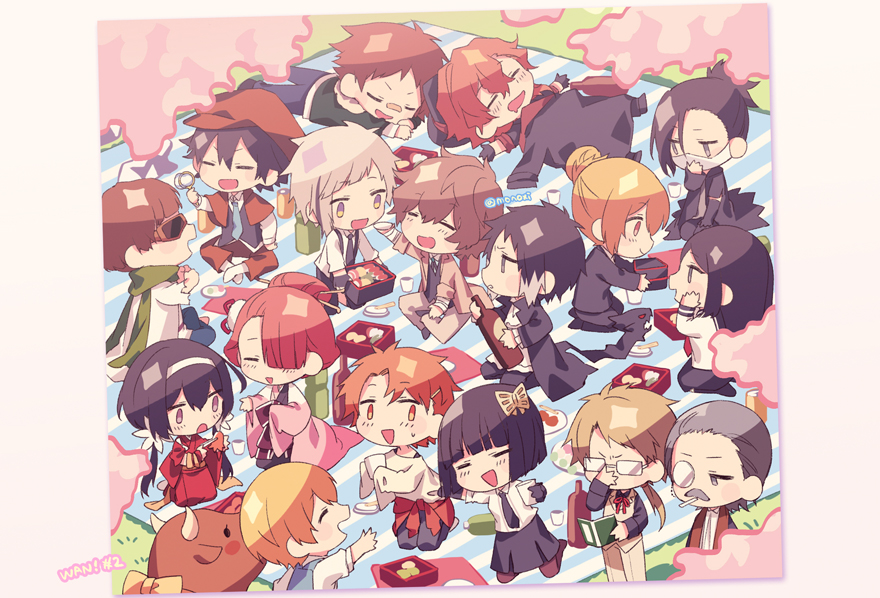 6+boys, 6+girls, :d, ahoge, akutagawa_gin, akutagawa_ryuunosuke_(bungou_stray_dogs), alcohol, animal