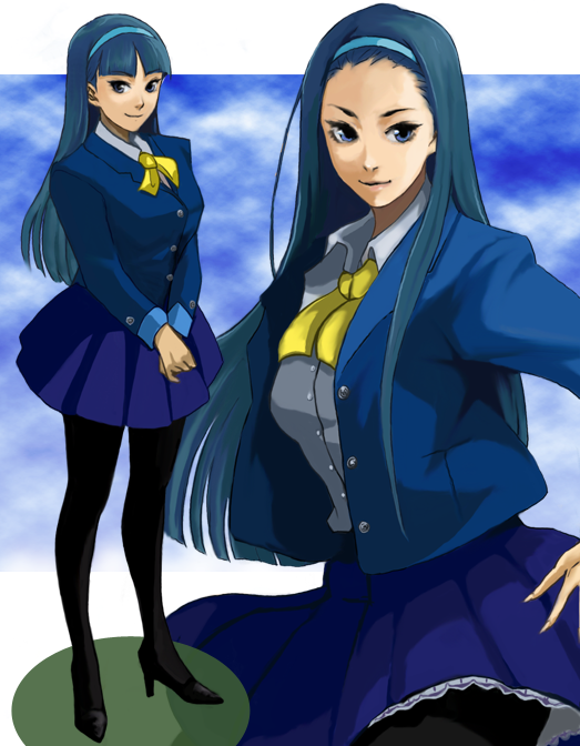 alternate_hairstyle, bangs, black_footwear, black_legwear, blazer, blue_eyes, blue_hair, blue_hairband, blue_jacket, blue_skirt, buttons, closed_mouth, forehead, full_body, hagitotoro, hairband, high_heels, jacket, legs, long_hair, long_sleeves, magic_knight_rayearth, open_jacket, pantyhose, pleated_skirt, ryuuzaki_umi, school_uniform, shoes, skirt, sky, smile, solo, standing, yellow_neckwear