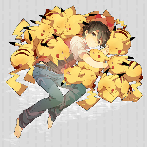 1boy, animal_hug, baseball_cap, brown_hair, hat, hat_removed, headwear_removed, lowres, lying, male, pikachu, pokemon, pokemon_(creature), pokemon_(game), red_(pokemon), red_(pokemon)_(classic), sleeping, solo, tomare_(akashingou), too_many_pikachu