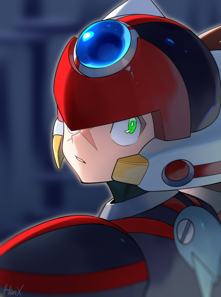 1boy, absurdres, armor, artist_name, axl_(mega_man), black_armor, buzzsaw_(6631455), cross_scar
