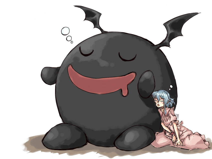 1boy, 1girl, bat_wings, black_skin, blue_hair, closed_eyes, colored_skin, crossover