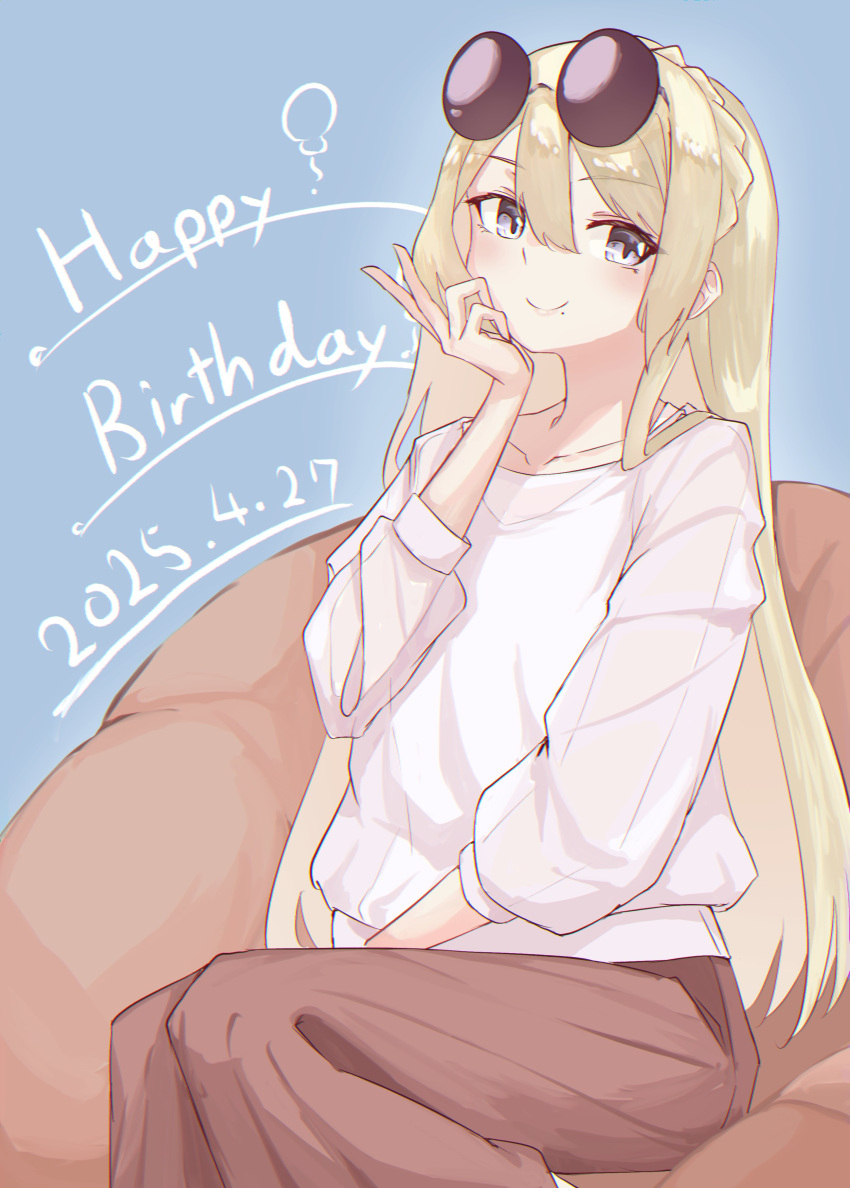 1girl, absurdres, bean_bag_chair, between_legs, blonde_hair, blue_background, blue_eyes, blush